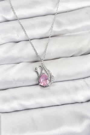 Gümüş Renk Pembe Kuğu Taşlı Kadın Kolye 45 cm Çelik Zincir