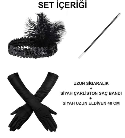 1920'ler Gatsby Aksesuar Seti – Siyah Charleston Saç Bandı, Uzun Eldiven & Sigaralık
