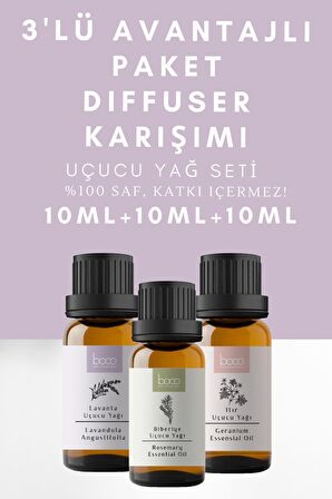 3lü Difuser Karışımı Yenilenme Biberiye & Itır & Lavanta %100 Saf Uçucu Yağı (30 ml)