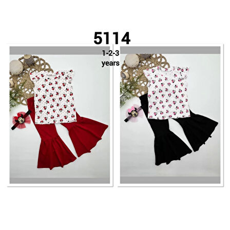 Lenaca 1-2-3-4 Yaş Mickey Baskılı Bandanalı Tişört İspanyol Paçalı Likralı 3lü Kız Çocuk Takımı