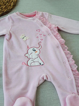 Lenaca 3-6 6-9 9-12 Ay Romantik Fil Nakışlı Pembe Süslü Kız Bebek Tulumu