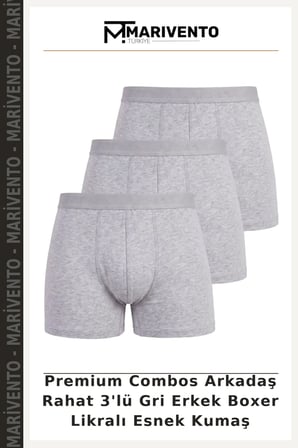 Premium Combos Arkadaş Rahat 3'lü Gri Erkek Boxer Likralı Esnek Kumaş