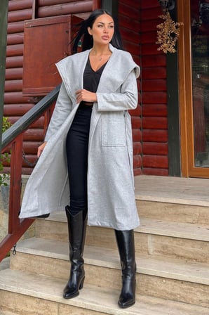 Gri Kruvaze Yaka, Kapüşonlu, Çift Cepli, Beli Kemerli, Uzun Kaşe Kaban (Astarsız)