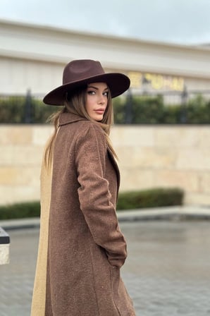 Kadın Kahve & Camel Color Block, Çift Kese Cep, Gold Düğme Detaylı Uzun Kaşe Kaban (Astarsız)