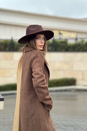 Kadın Kahve & Camel Color Block, Çift Kese Cep, Gold Düğme Detaylı Uzun Kaşe Kaban (Astarsız)