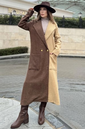 Kadın Kahve & Camel Color Block, Çift Kese Cep, Gold Düğme Detaylı Uzun Kaşe Kaban (Astarsız)