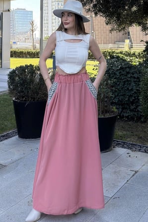 Kadın Pembe Beli Lastikli, Cepleri Hasır İşlemeli, Rahat Kesim, Uzun Kiloş Etek