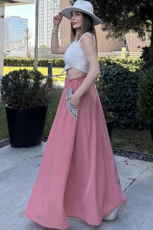 Kadın Pembe Beli Lastikli, Cepleri Hasır İşlemeli, Rahat Kesim, Uzun Kiloş Etek