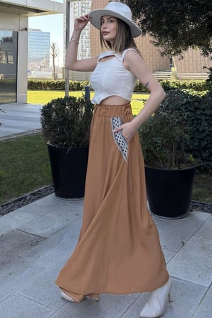 Kadın Taba Beli Lastikli, Cepleri Hasır İşlemeli, Rahat Kesim, Uzun Kiloş Etek