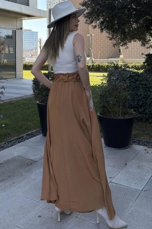 Kadın Taba Beli Lastikli, Cepleri Hasır İşlemeli, Rahat Kesim, Uzun Kiloş Etek