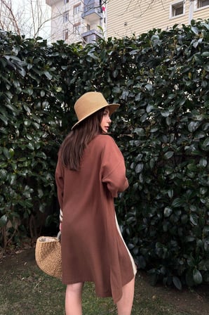 Kadın Kahve Müslin Kumaş, Hasır Şerit Detaylı Salaş Kimono Ceket