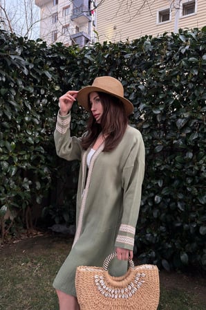 Kadın Hakı Müslin Kumaş, Hasır Şerit Detaylı Salaş Kimono Ceket