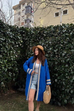 Kadın Saks Müslin Kumaş, Hasır Şerit Detaylı Salaş Kimono Ceket