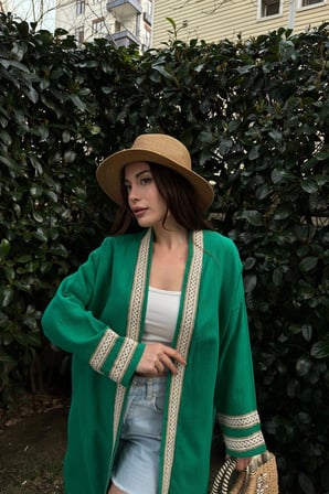 Kadın Yeşil Müslin Kumaş, Hasır Şerit Detaylı Salaş Kimono Ceket