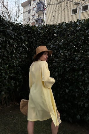 Kadın Sarı Müslin Kumaş, Hasır Şerit Detaylı Salaş Kimono Ceket