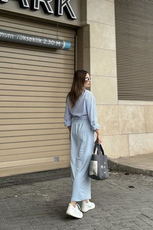 Kadın Bebe MaVi Beli Lastikli, Rahat Kalıp, Cepli Uzun Etek