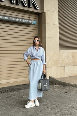 Kadın Bebe MaVi Beli Lastikli, Rahat Kalıp, Cepli Uzun Etek