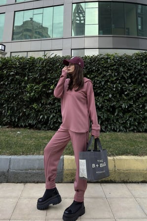 Kadın Gül Kurusu Scuba Kumaş, Salaş Kesim, Kapüşonlu Sweatshirt Bluz