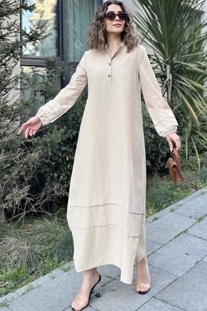 Kadın Bej Hakim Yaka, Lastikli Balon Kol, Etek Ve Kolu Kat Kumaş Dikişli, Uzun Salaş Elbise