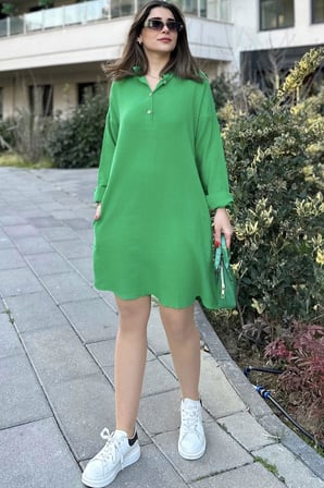 Kadın Yeşil Hakim Yaka, Katlamalı Geniş Kol, Midi & Oversize Kesim, Salaş Müslin Elbise