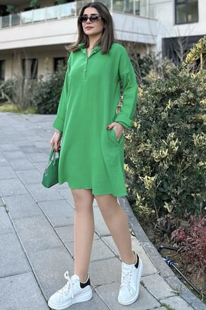 Kadın Yeşil Hakim Yaka, Katlamalı Geniş Kol, Midi & Oversize Kesim, Salaş Müslin Elbise