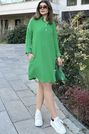 Kadın Yeşil Hakim Yaka, Katlamalı Geniş Kol, Midi & Oversize Kesim, Salaş Müslin Elbise