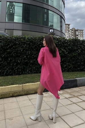Kadın Fuşya Gömlek Yaka, Uzun Kol, Asimetrik Kesim, Salaş, Midi Tunik Elbise