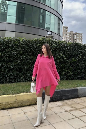 Kadın Fuşya Gömlek Yaka, Uzun Kol, Asimetrik Kesim, Salaş, Midi Tunik Elbise