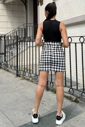 Siyah Ekose Yüksek Bel Mini Etek