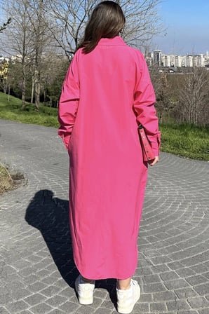 Kadın Fuşya Uzun Kol, Eteği Oval Kesim, Uzun Ve Salaş, Poplin Gömlek Elbise