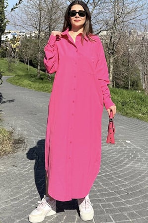 Kadın Fuşya Uzun Kol, Eteği Oval Kesim, Uzun Ve Salaş, Poplin Gömlek Elbise
