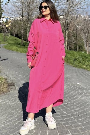 Kadın Fuşya Uzun Kol, Eteği Oval Kesim, Uzun Ve Salaş, Poplin Gömlek Elbise