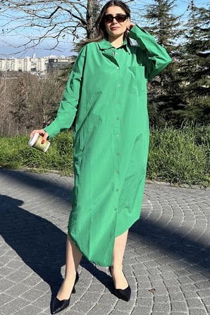 Kadın Yeşil Uzun Kol, Eteği Oval Kesim, Uzun Ve Salaş, Poplin Gömlek Elbise