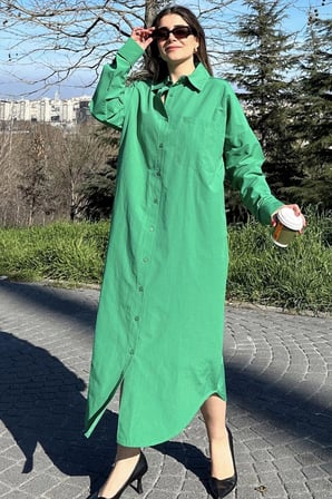 Kadın Yeşil Uzun Kol, Eteği Oval Kesim, Uzun Ve Salaş, Poplin Gömlek Elbise