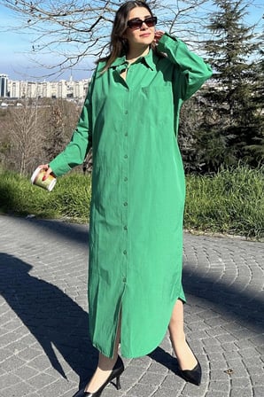 Kadın Yeşil Uzun Kol, Eteği Oval Kesim, Uzun Ve Salaş, Poplin Gömlek Elbise