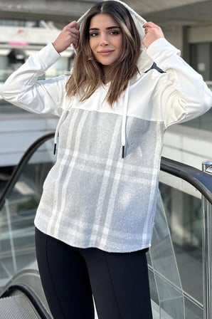 Kadın Ekru & Gri Ekose Garnili, Rahat Kesim, Kapüşonlu İki İplik Sweatshirt