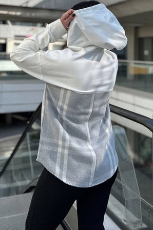 Kadın Ekru & Gri Ekose Garnili, Rahat Kesim, Kapüşonlu İki İplik Sweatshirt