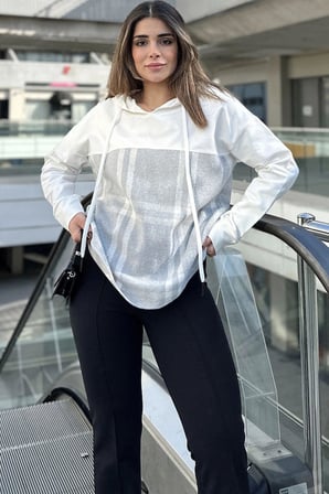 Kadın Ekru & Gri Ekose Garnili, Rahat Kesim, Kapüşonlu İki İplik Sweatshirt