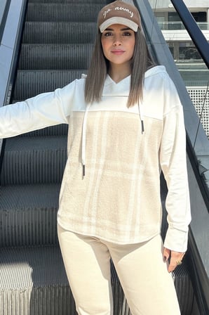 Kadın Bej Ekose Garnili, Rahat Kesim, Kapüşonlu İki İplik Sweatshirt