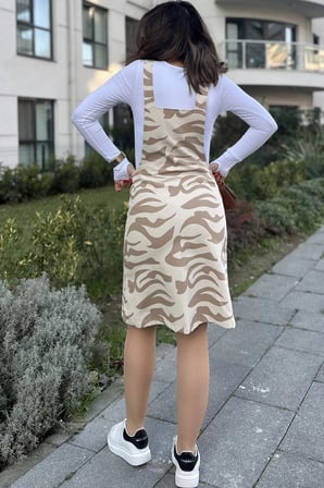 Kadın Bej Desenli, Geniş Cepli, Kalın Askılı, Gabardin Salopet Elbise