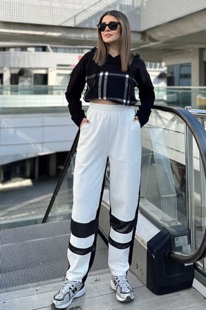 Kadın Ekru Color Block Tasarım, Beli Lastikli, Salaş Eşofman Altı