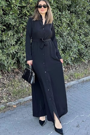 Kadın Siyah Kupra Kumaş, Uzun Kol, Beli Kuşaklı, Vucüda Oturan Kalıp, Uzun Gömlek Elbise