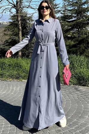 Kadın Gri Kupra Kumaş, Uzun Kol, Beli Kuşaklı, Vucüda Oturan Kalıp, Uzun Gömlek Elbise