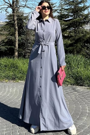Kadın Gri Kupra Kumaş, Uzun Kol, Beli Kuşaklı, Vucüda Oturan Kalıp, Uzun Gömlek Elbise