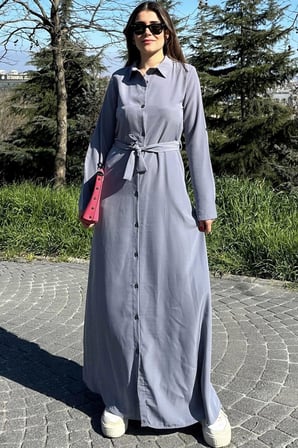 Kadın Gri Kupra Kumaş, Uzun Kol, Beli Kuşaklı, Vucüda Oturan Kalıp, Uzun Gömlek Elbise