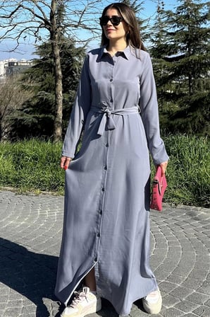 Kadın Gri Kupra Kumaş, Uzun Kol, Beli Kuşaklı, Vucüda Oturan Kalıp, Uzun Gömlek Elbise