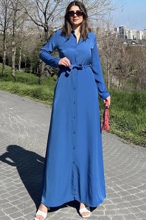 Kadın Mavi Kupra Kumaş, Uzun Kol, Beli Kuşaklı, Vucüda Oturan Kalıp, Uzun Gömlek Elbise