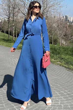 Kadın Mavi Kupra Kumaş, Uzun Kol, Beli Kuşaklı, Vucüda Oturan Kalıp, Uzun Gömlek Elbise