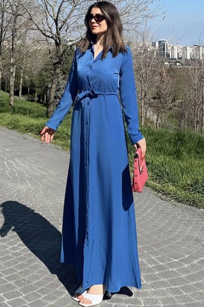 Kadın Mavi Kupra Kumaş, Uzun Kol, Beli Kuşaklı, Vucüda Oturan Kalıp, Uzun Gömlek Elbise