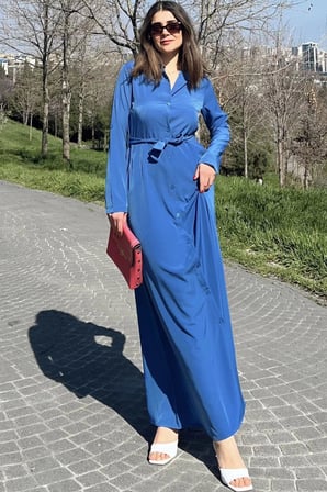 Kadın Mavi Kupra Kumaş, Uzun Kol, Beli Kuşaklı, Vucüda Oturan Kalıp, Uzun Gömlek Elbise